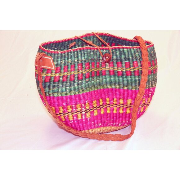 Vtg Hemp Hand woven Bucket Tote Shoulder Bag Purse Leather Straps Button Guatema - Picture 1 of 7